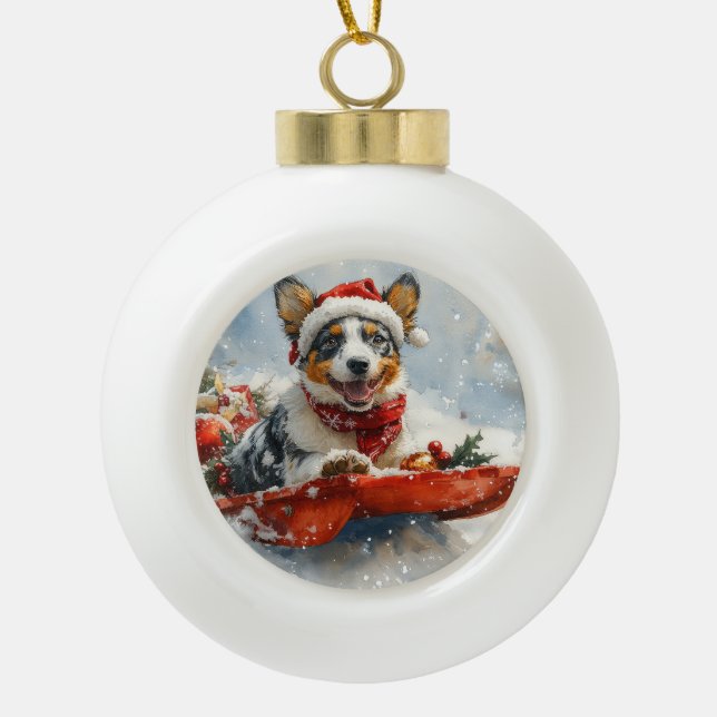Australian Cattle in Sledge Let it Snow Christmas Ceramic Ball Christmas Ornament (Front)