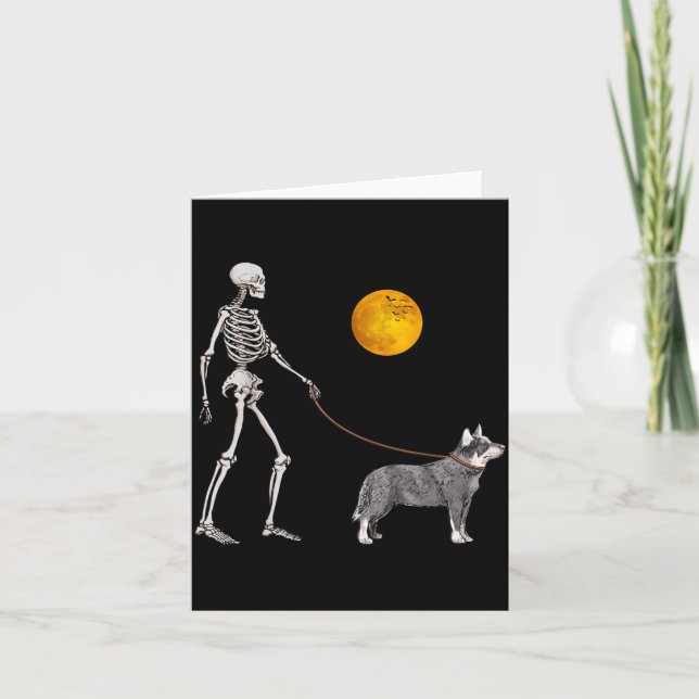 Australian Cattle Skeleton Dog Walking Halloween Card (Front)