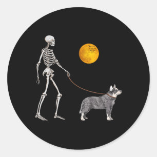 Australian Cattle Skeleton Dog Walking Halloween Classic Round Sticker