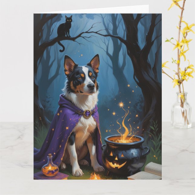 Australian Cattle Whimsical Halloween Painting Card (Yellow Flower)