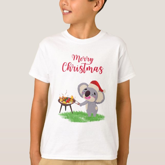 Australian Christmas Cute Koala enjoying a BBQ T-Shirt (Front)