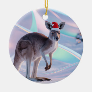 Australian Christmas Kangaroo + Santa Hat Holiday Ceramic Tree Decoration