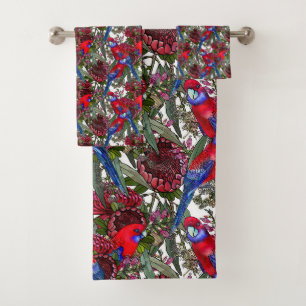 Australian Crimson Rosella and Wildflower Pattern Bath Towel Set