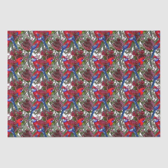 Australian Crimson Rosella and Wildflower Pattern Tissue Paper (Front)