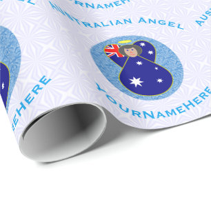 Australian Flag Angel in Blue Circle on White Wrapping Paper