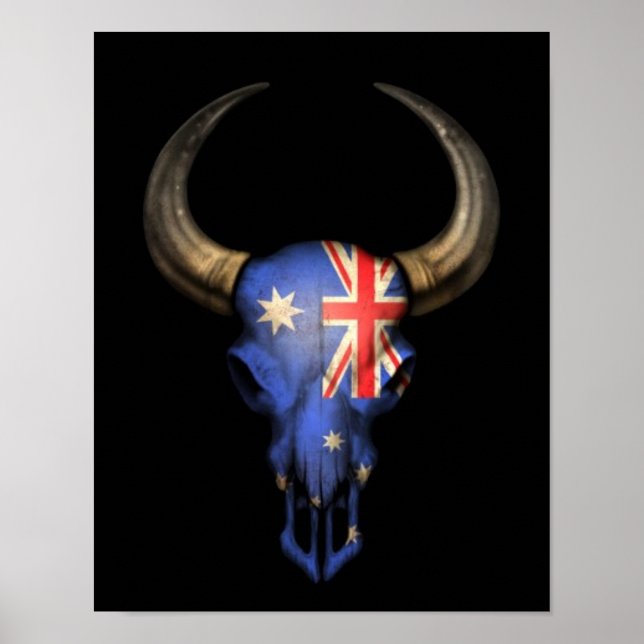 Australian Flag Bull Skull on Black Poster (Front)
