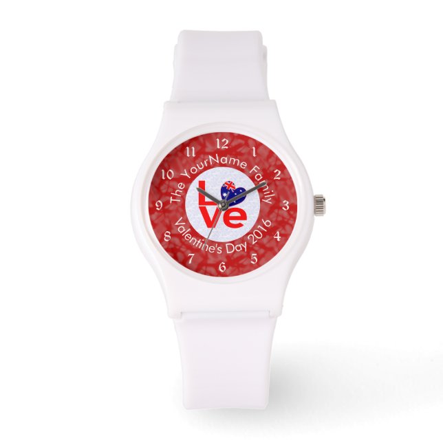 Australian Flag Heart LOVE Red Personalised Text  Watch (Front)