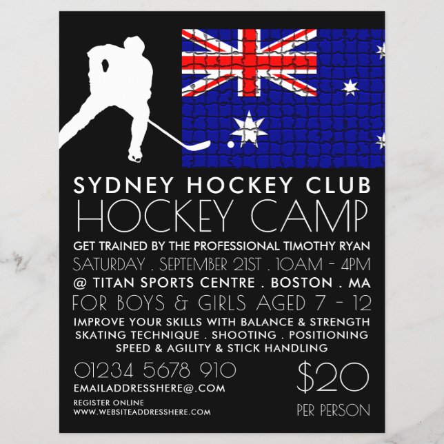 Australian Flag, Hockey Player, Camp Advertising Flyer (Front)