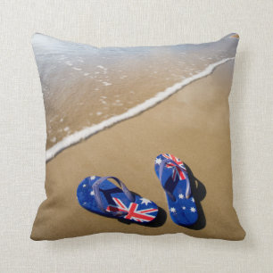 Australian Flag Thongs On Beach   South Wales Cushion
