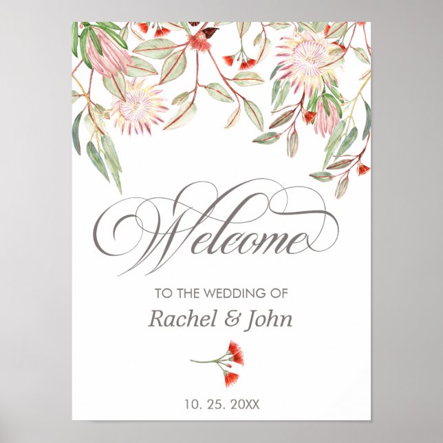 Australian Floral Grey Calligraphy Welcome Wedding Poster (Front)