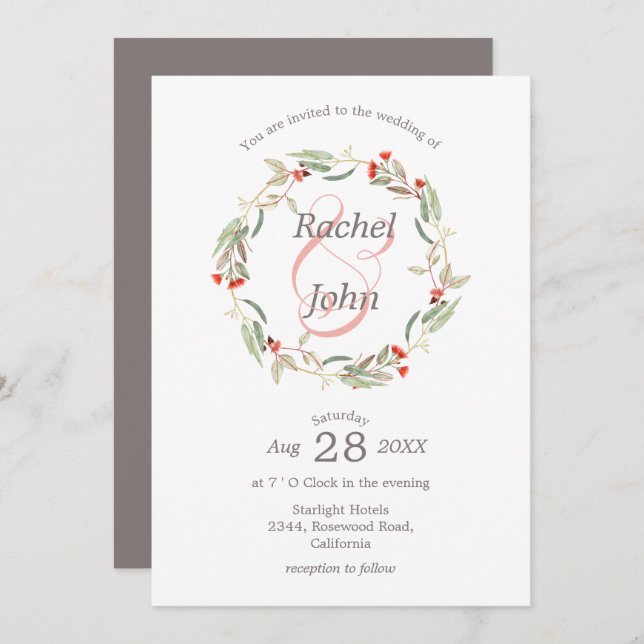 Australian Floral Wreath Grey and Pink Wedding Invitation (Front/Back)