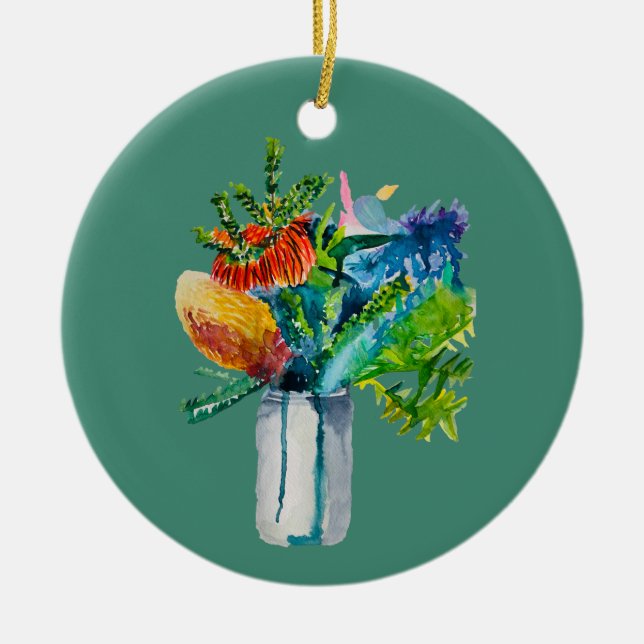 Australian flowers watercolour ceramic tree decoration (Front)