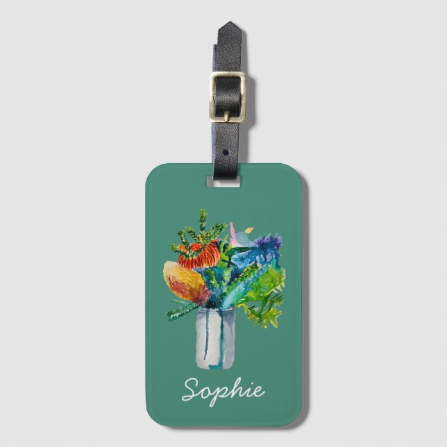 Australian flowers watercolour luggage tag (Front Vertical)