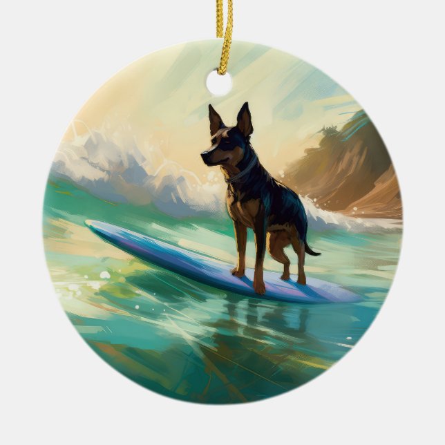 Australian Kelpie Beach Surfing Painting Ceramic Tree Decoration (Front)