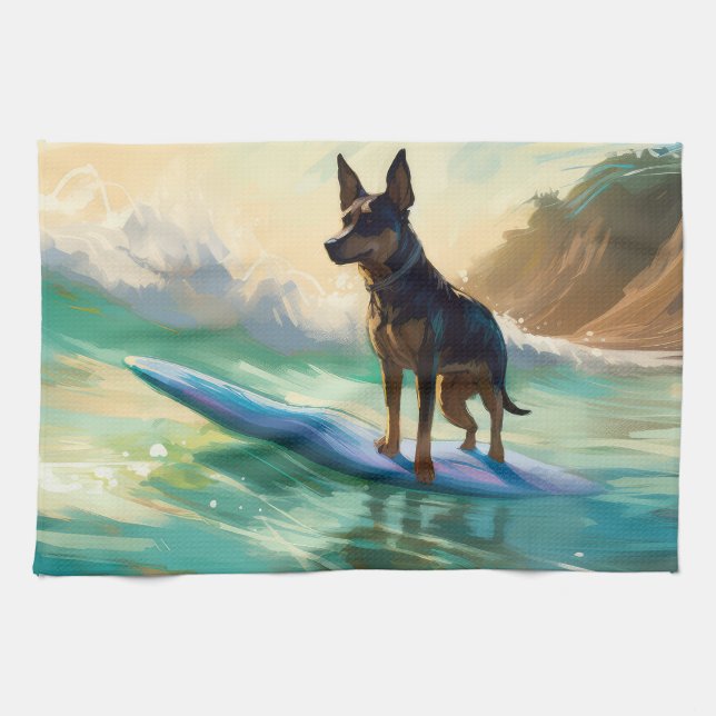 Australian Kelpie Beach Surfing Painting Tea Towel (Horizontal)