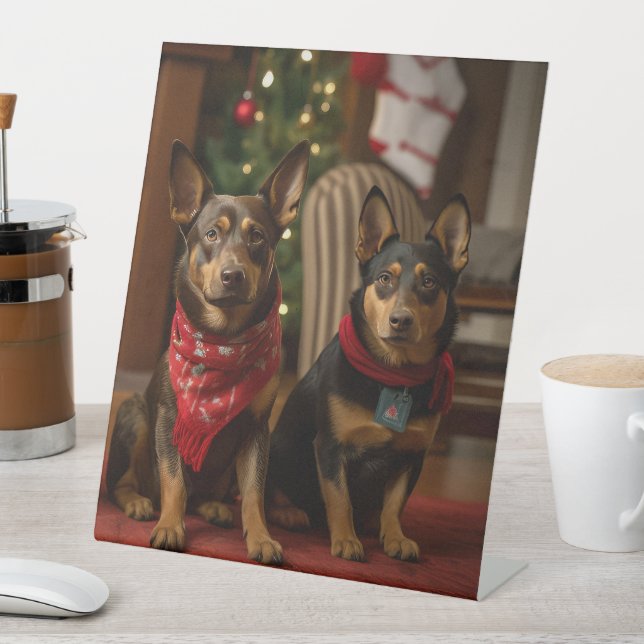 Australian Kelpie by the Fireplace Christmas Pedestal Sign (In SItu)