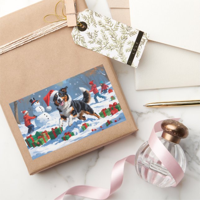 Australian Kelpie Christmas Festive Snow Scene Rectangular Sticker (Gifting)