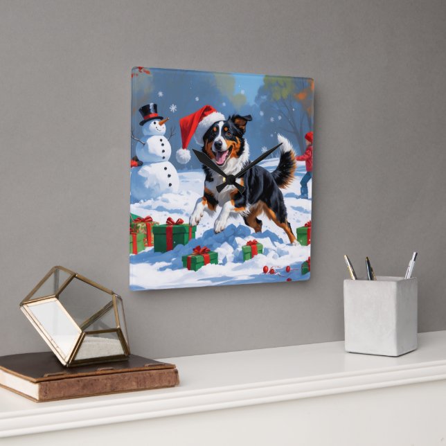 Australian Kelpie Christmas Festive Snow Scene Square Wall Clock (Office)