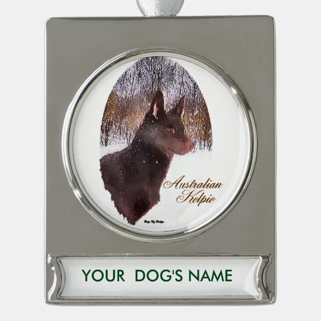Australian Kelpie Christmas Personalised Silver Plated Banner Ornament (Front)