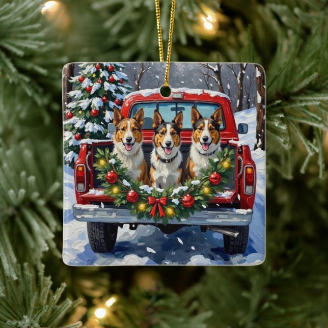 Australian Kelpie Christmas Red Truck Holiday Ceramic Ornament (Tree)