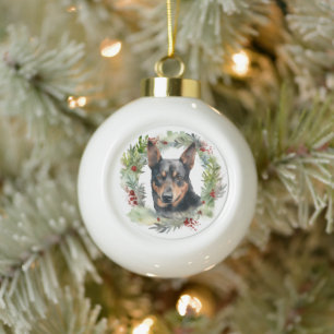 Australian Kelpie Christmas Wreath Festive Pup Ceramic Ball Christmas Ornament