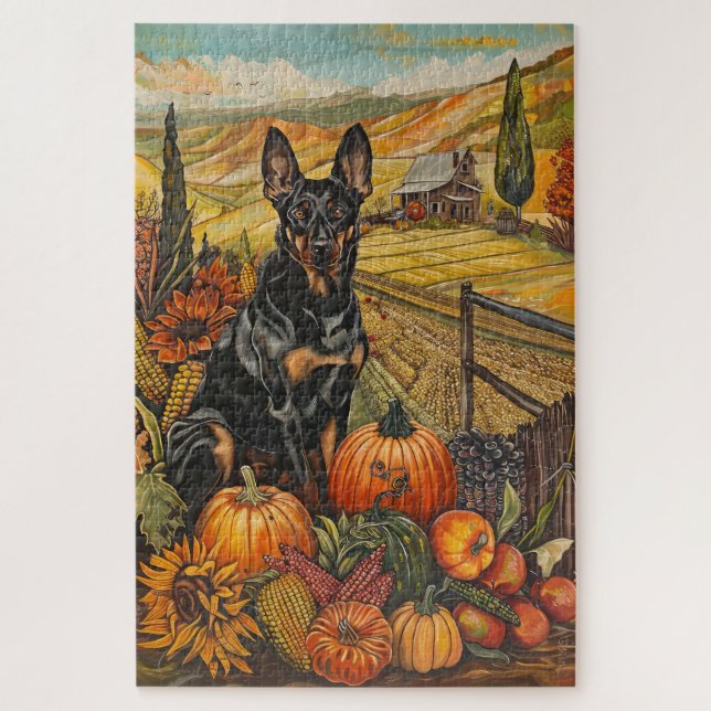 Australian Kelpie Dog Autumn Harvest Thanksgiving Jigsaw Puzzle (Vertical)