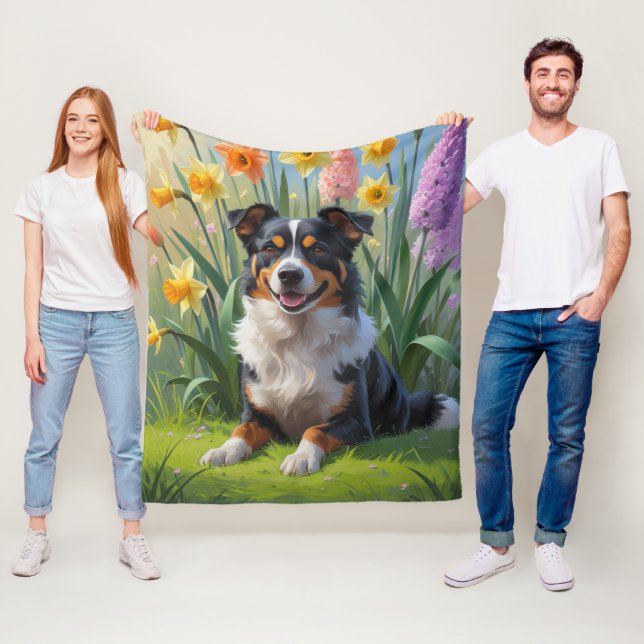 Australian Kelpie Dog Spring Flowers Painting Fleece Blanket (In Situ)