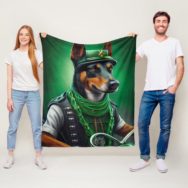 Australian Kelpie driving bike St. Patrick's Day Fleece Blanket (In Situ)