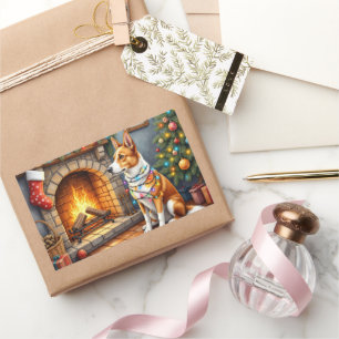 Australian Kelpie Fireplace with Christmas Lights Rectangular Sticker