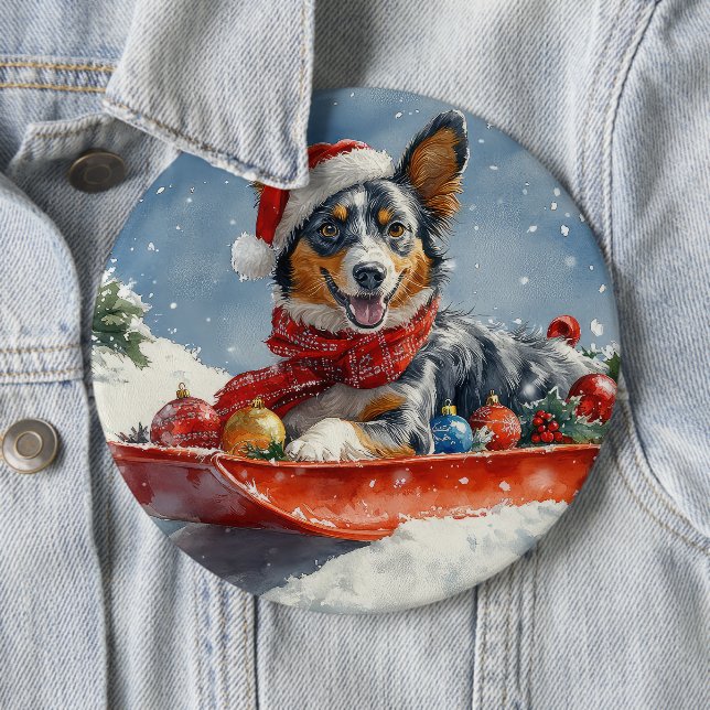 Australian Kelpie in Sledge Let it Snow Christmas 6 Cm Round Badge (In Situ)