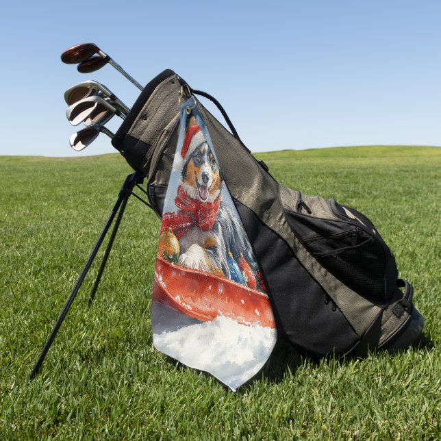 Australian Kelpie in Sledge Let it Snow Christmas Golf Towel (Green)