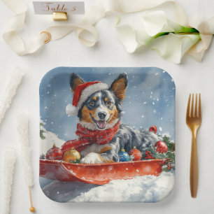 Australian Kelpie in Sledge Let it Snow Christmas Paper Plate