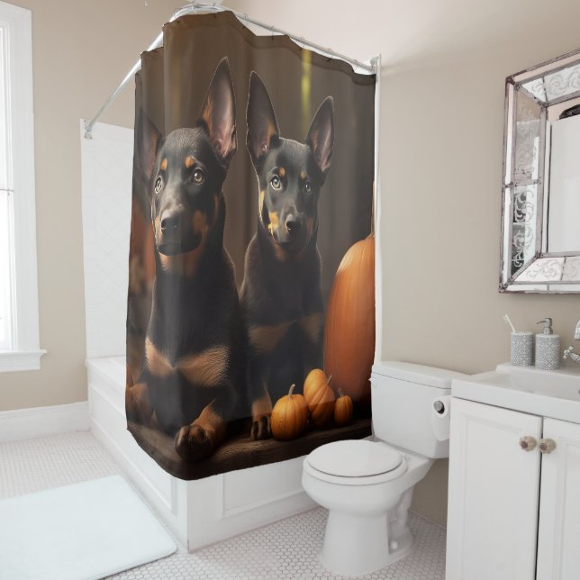 Australian Kelpie Puppy Autumn Delight Pumpkin Shower Curtain (In Situ)