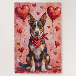 Australian Kelpie Valentine Dog Art with Hearts Jigsaw Puzzle