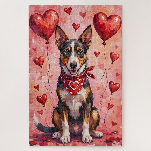 Australian Kelpie Valentine Dog Art with Hearts Jigsaw Puzzle (Vertical)