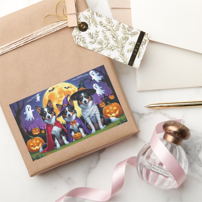 Australian Kelpies Dogs Pumpkin Halloween Funny Rectangular Sticker (Gifting)