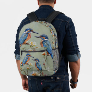 Australian Kingfisher Birds And Flowers Oil Paint, Printed Backpack