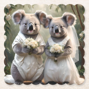 Australian Koala Bear White Wedding, Paper Coaster