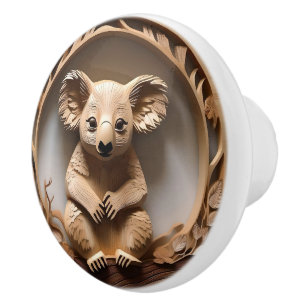 Australian Koala Bear Wood Carving, Ceramic Knob