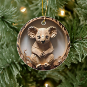 Australian Koala Bear Wood Carving, Ceramic Tree Decoration