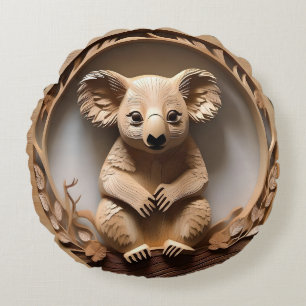 Australian Koala Bear Wood Carving, Round Cushion