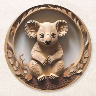 Australian Koala Bear Wood Carving, Round Paper Coaster