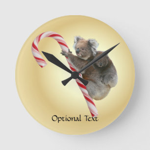 Australian Koala Christmas Candy Cane Round Clock