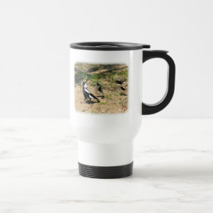 Australian Magpie mobbed by Willie Wagtails 9P28D- Travel Mug