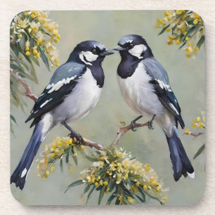 Australian Magpies In Wattle Trees Oil Paint, Coaster