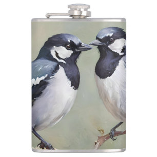 Australian Magpies In Wattle Trees Oil Paint, Hip Flask
