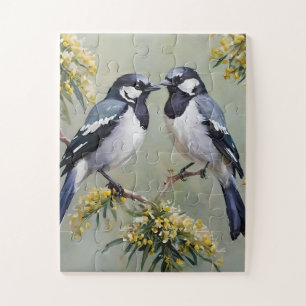 Australian Magpies In Wattle Trees Oil Paint,  Jigsaw Puzzle
