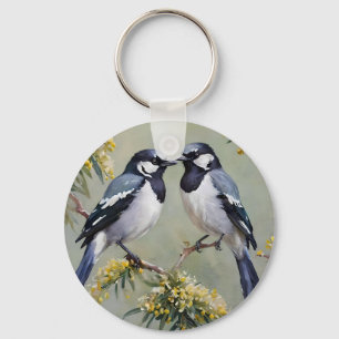 Australian Magpies In Wattle Trees Oil Paint, Key Ring