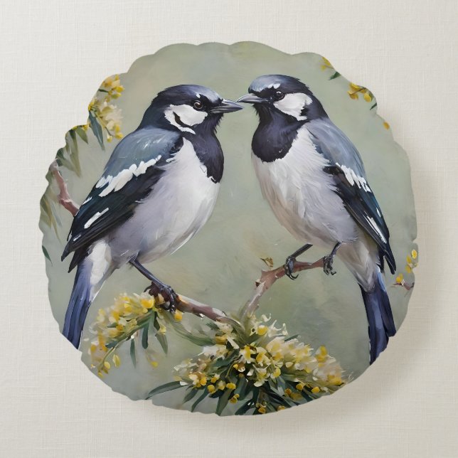 Australian Magpies In Wattle Trees Oil Paint,  Round Cushion (Front)