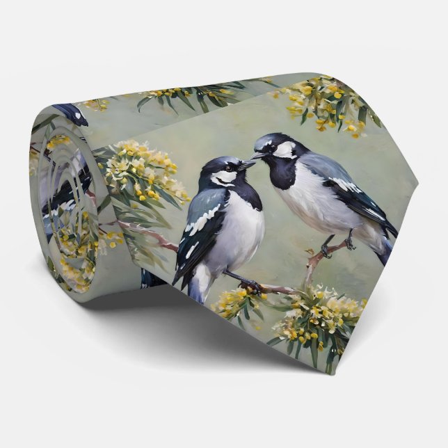 Australian Magpies In Wattle Trees Oil Paint,  Tie (Rolled)